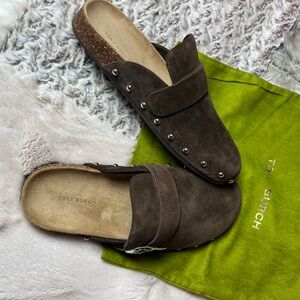 Tory Burch Dark Brown Suede Studded Slides mellow Stud Mule Suede dark cocoa